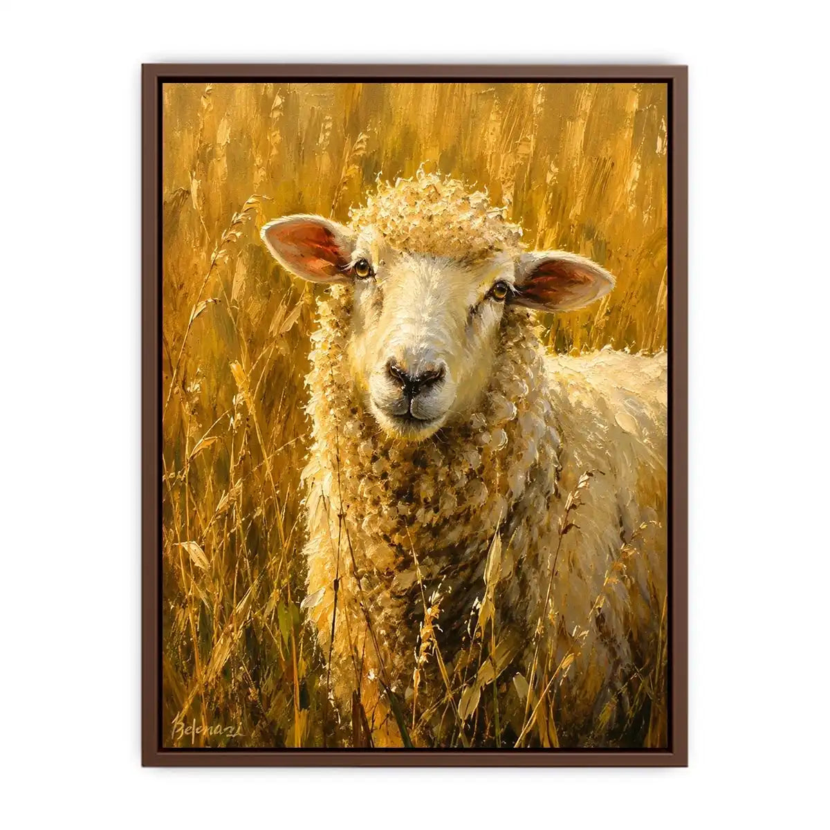 Rustic sheep wall art featuring a soft white sheep in golden meadow grass with warm farmhouse painting textures and cozy countryside styling