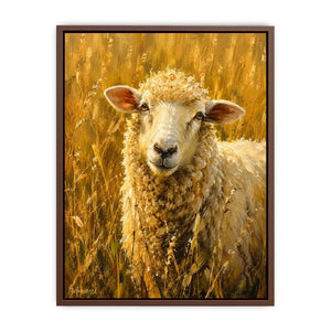 Rustic sheep wall art featuring a soft white sheep in golden meadow grass with warm farmhouse painting textures and cozy countryside styling