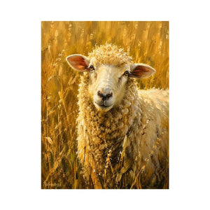 Rustic sheep wall art featuring a soft white sheep in golden meadow grass with warm farmhouse painting textures and cozy countryside styling