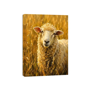 Rustic sheep wall art featuring a soft white sheep in golden meadow grass with warm farmhouse painting textures and cozy countryside styling