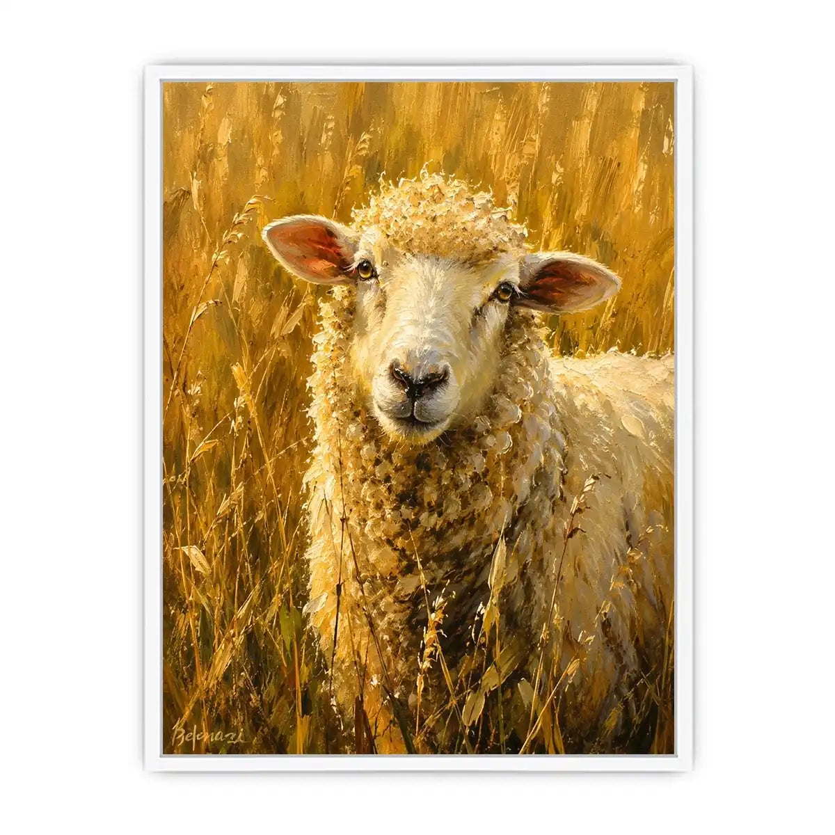 Rustic sheep wall art featuring a soft white sheep in golden meadow grass with warm farmhouse painting textures and cozy countryside styling