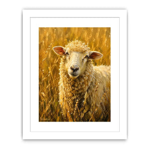 Rustic sheep wall art featuring a soft white sheep in golden meadow grass with warm farmhouse painting textures and cozy countryside styling