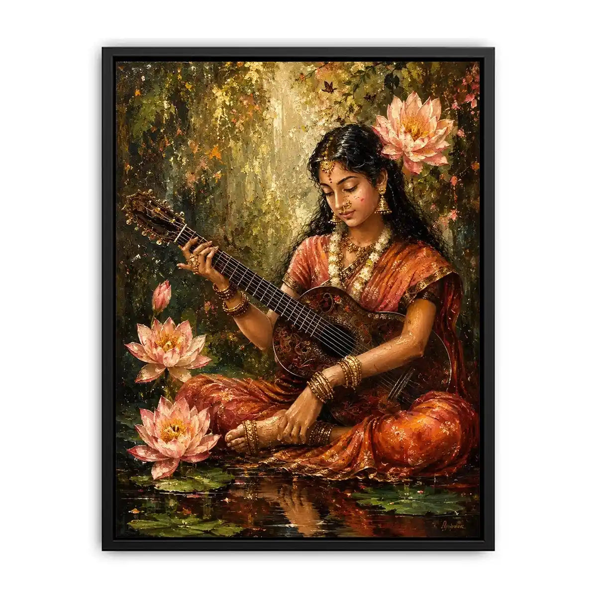 Boho musician wall art featuring a serene woman playing guitar surrounded by lotus flowers in vintage-inspired artistic painting style