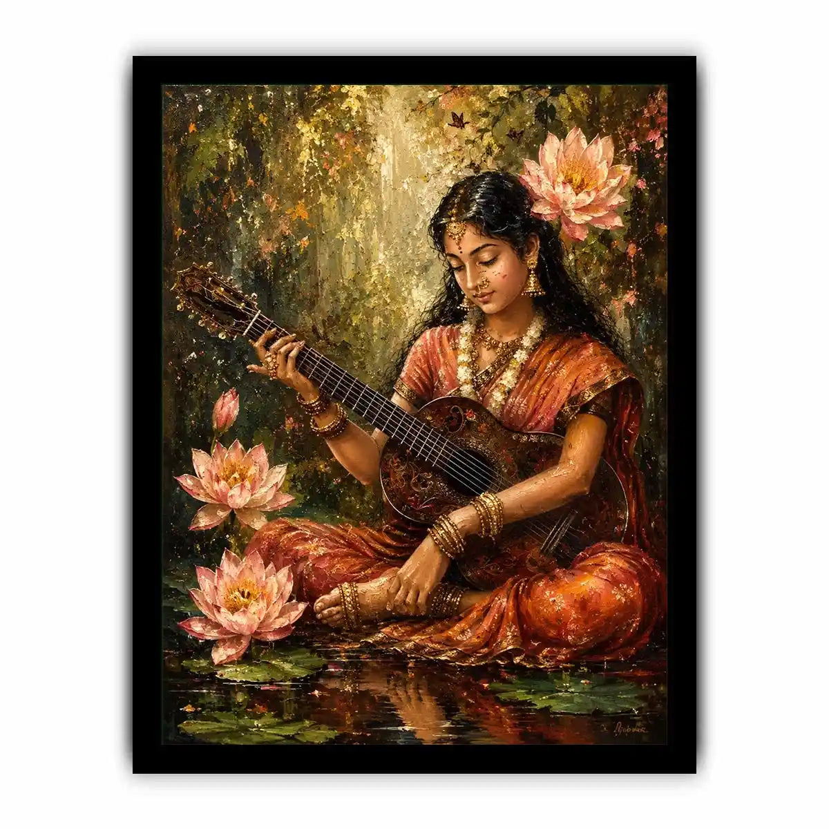 Boho musician wall art featuring a serene woman playing guitar surrounded by lotus flowers in vintage-inspired artistic painting style