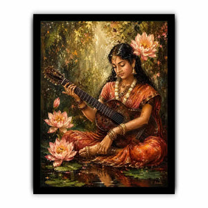 Boho musician wall art featuring a serene woman playing guitar surrounded by lotus flowers in vintage-inspired artistic painting style