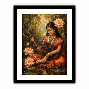 Boho musician wall art featuring a serene woman playing guitar surrounded by lotus flowers in vintage-inspired artistic painting style