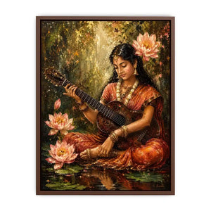 Boho musician wall art featuring a serene woman playing guitar surrounded by lotus flowers in vintage-inspired artistic painting style