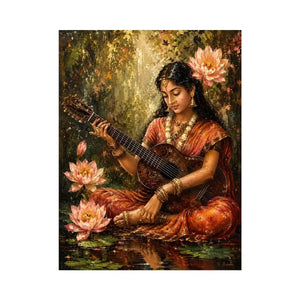 Boho musician wall art featuring a serene woman playing guitar surrounded by lotus flowers in vintage-inspired artistic painting style