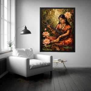 Boho musician wall art featuring a serene woman playing guitar surrounded by lotus flowers in vintage-inspired artistic painting style