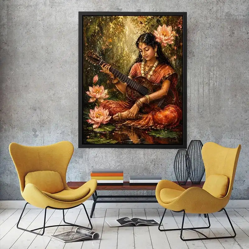 Boho musician wall art featuring a serene woman playing guitar surrounded by lotus flowers in vintage-inspired artistic painting style
