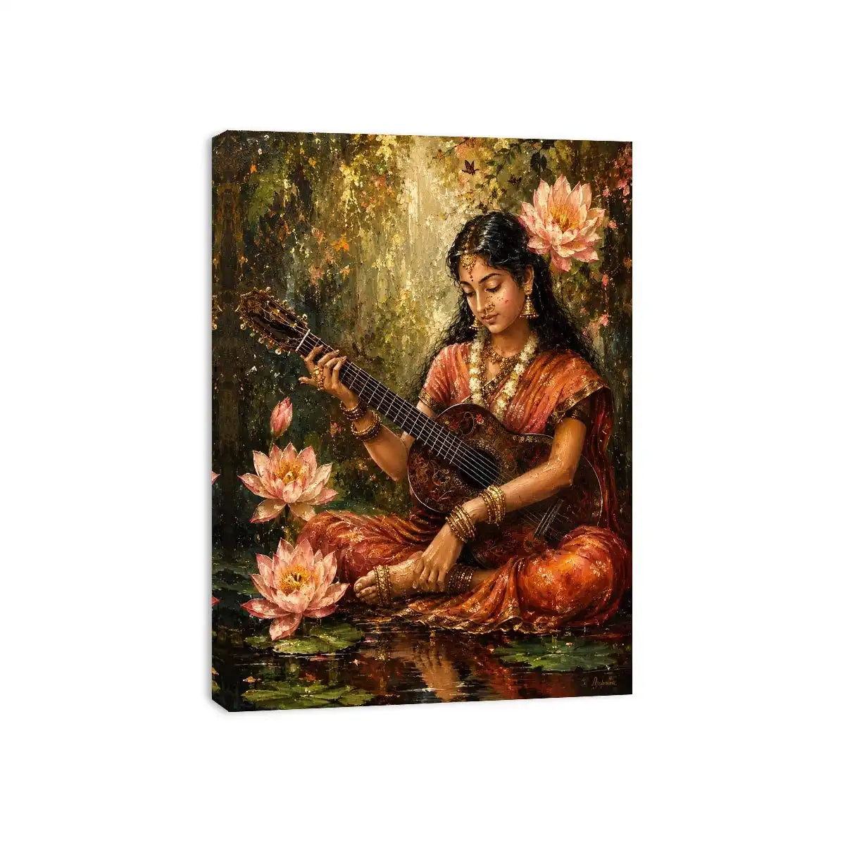 Boho musician wall art featuring a serene woman playing guitar surrounded by lotus flowers in vintage-inspired artistic painting style