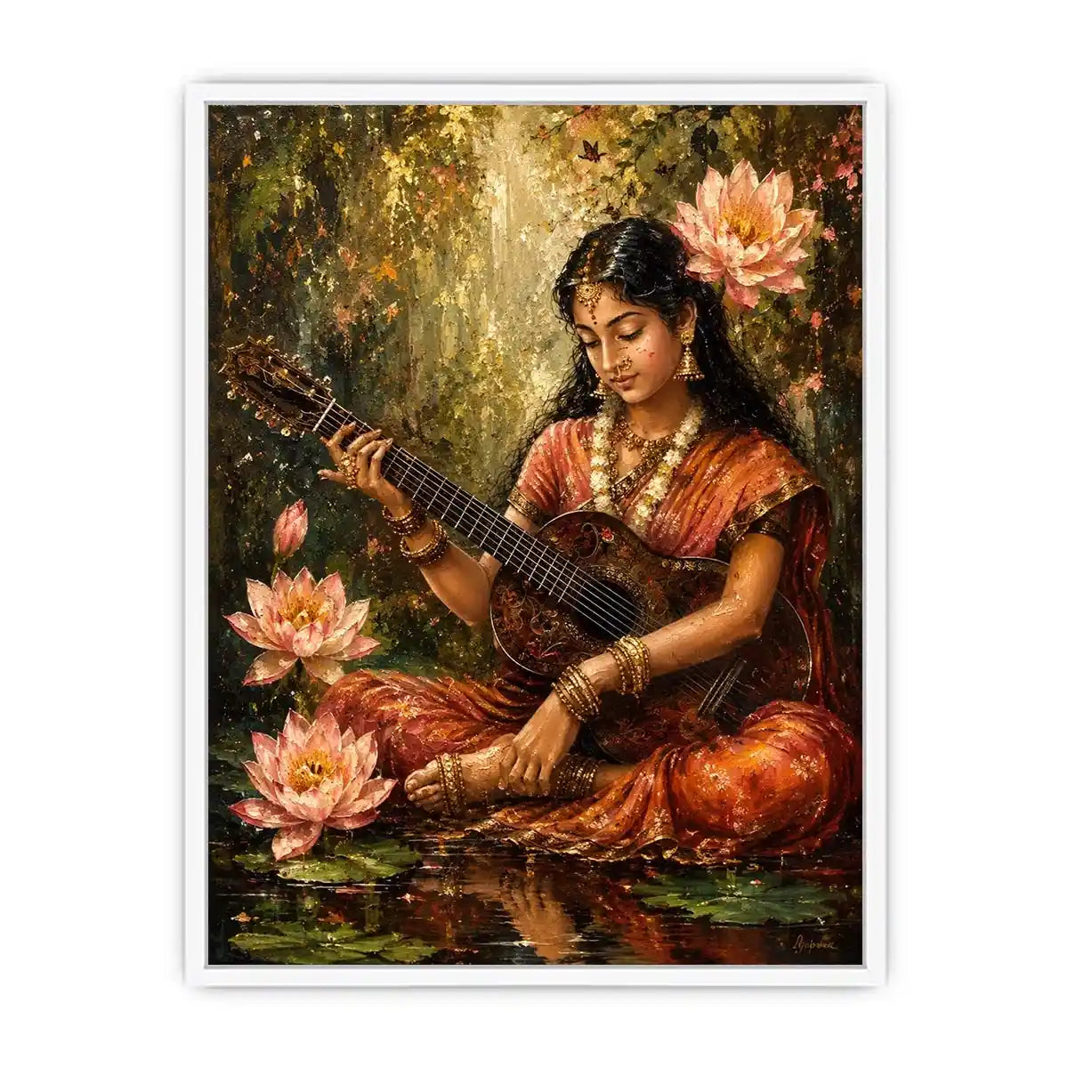 Boho musician wall art featuring a serene woman playing guitar surrounded by lotus flowers in vintage-inspired artistic painting style