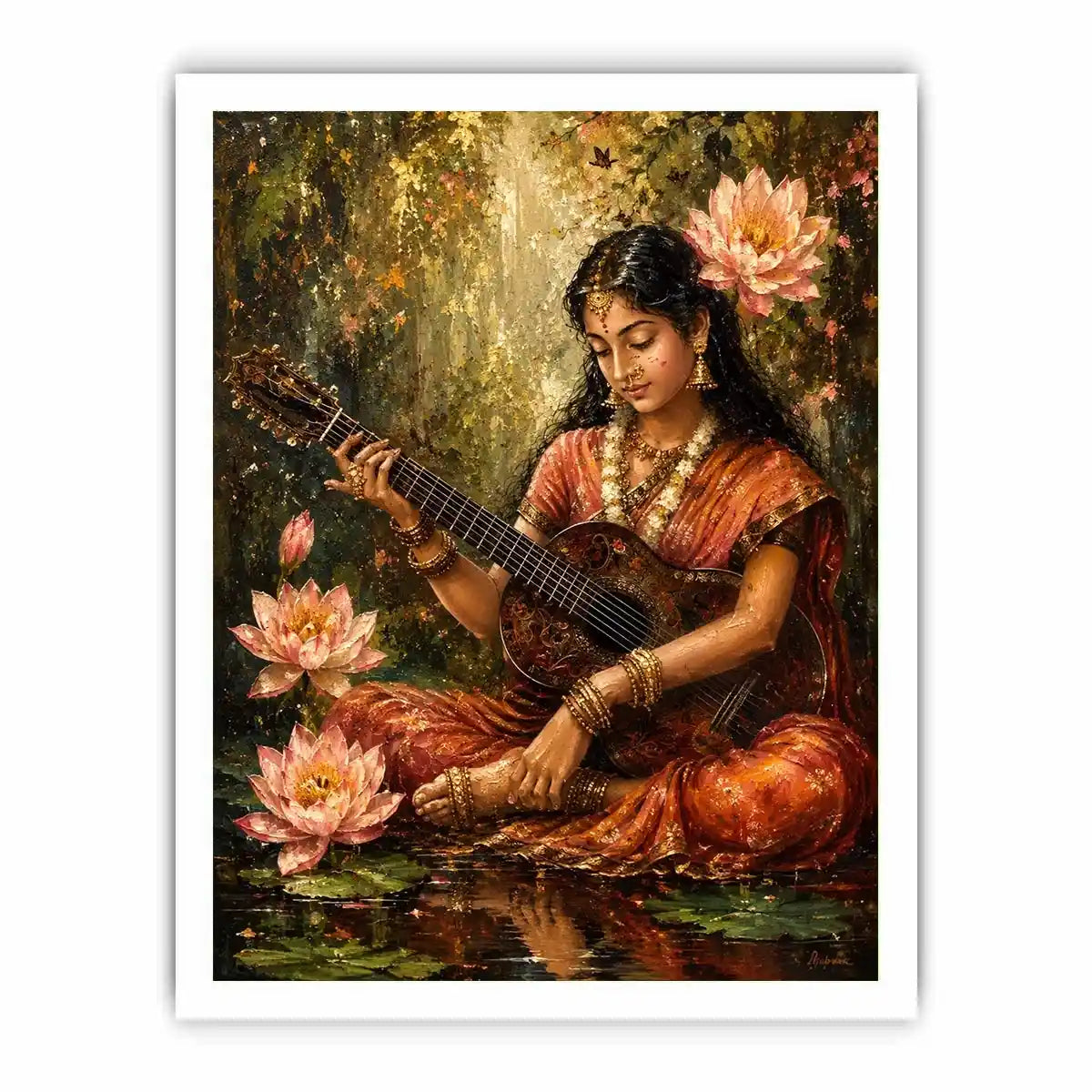 Boho musician wall art featuring a serene woman playing guitar surrounded by lotus flowers in vintage-inspired artistic painting style