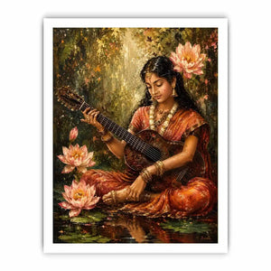 Boho musician wall art featuring a serene woman playing guitar surrounded by lotus flowers in vintage-inspired artistic painting style
