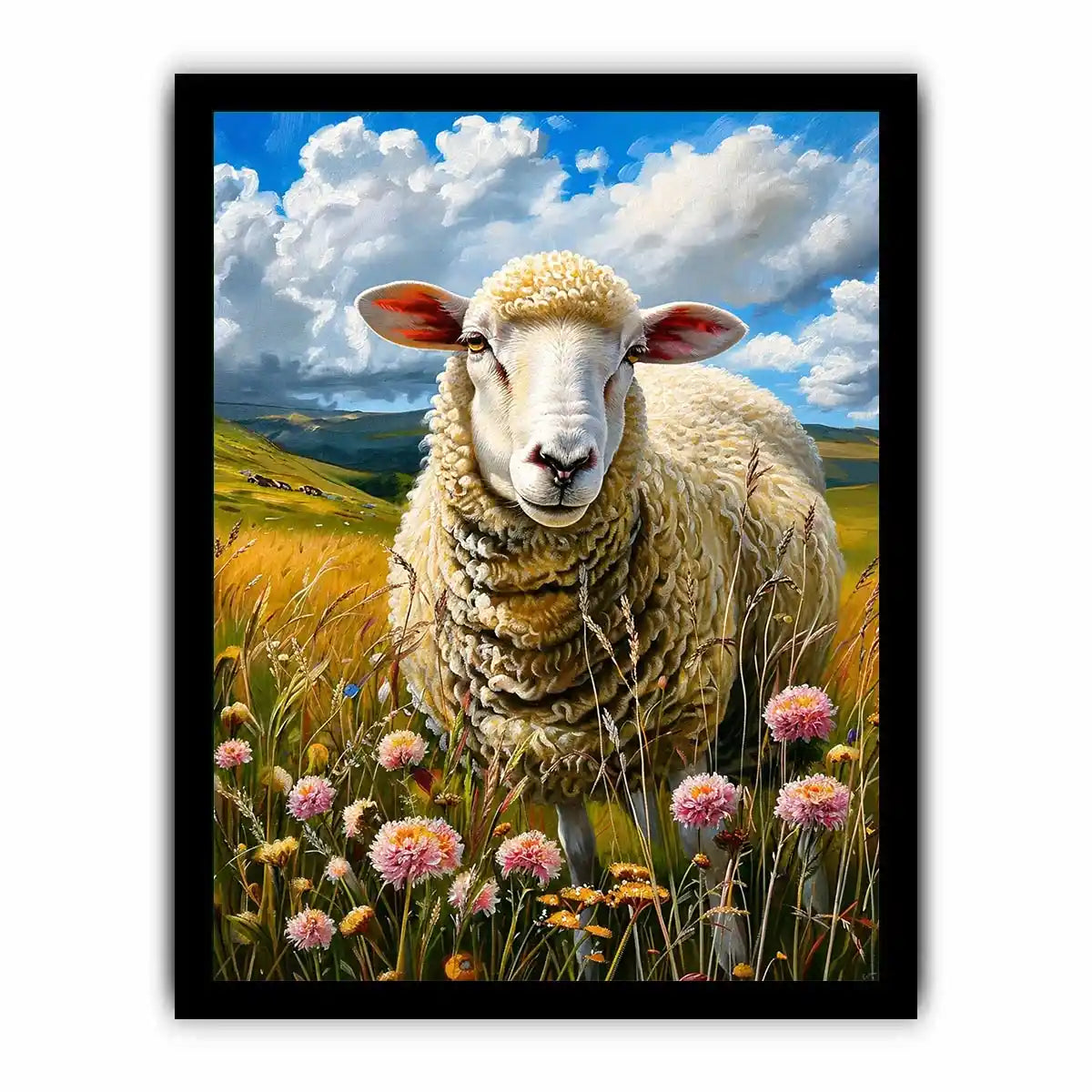 Luxury sheep wall art featuring fluffy white sheep standing in a colorful wildflower meadow under soft blue skies in farmhouse painting style