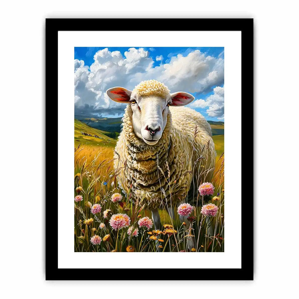 Luxury sheep wall art featuring fluffy white sheep standing in a colorful wildflower meadow under soft blue skies in farmhouse painting style