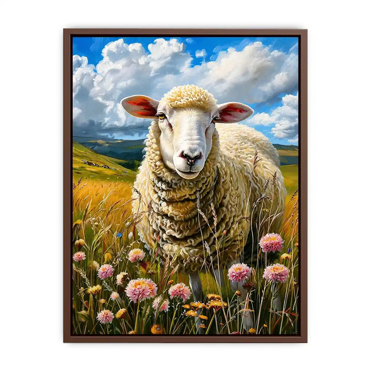 Luxury sheep wall art featuring fluffy white sheep standing in a colorful wildflower meadow under soft blue skies in farmhouse painting style