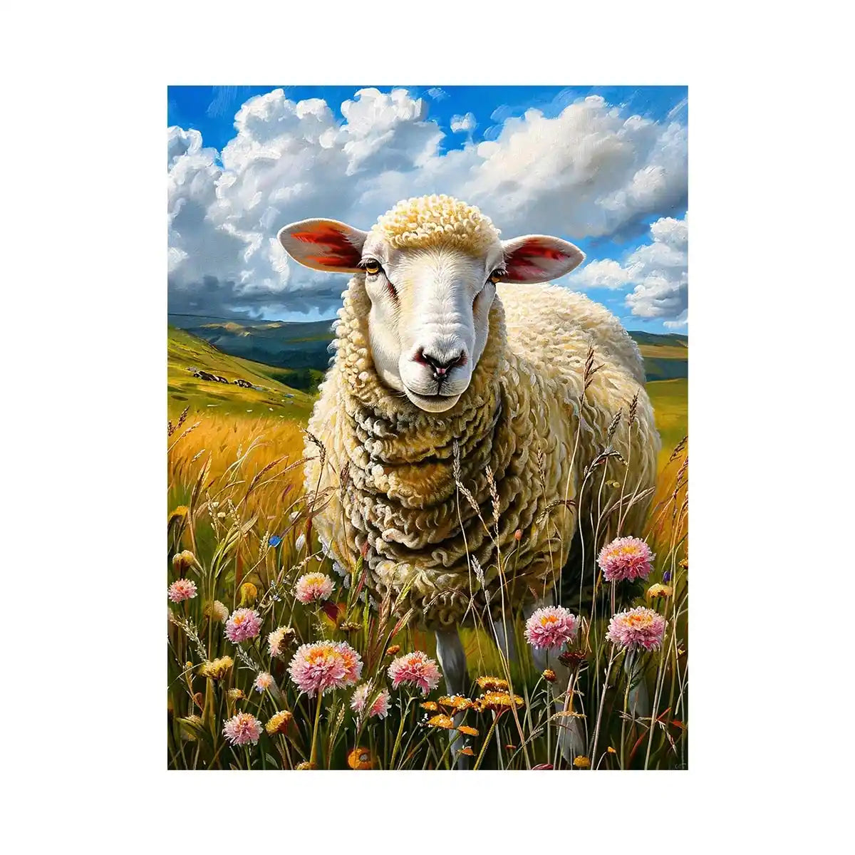 Luxury sheep wall art featuring fluffy white sheep standing in a colorful wildflower meadow under soft blue skies in farmhouse painting style
