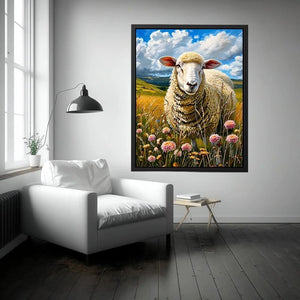 Luxury sheep wall art featuring fluffy white sheep standing in a colorful wildflower meadow under soft blue skies in farmhouse painting style