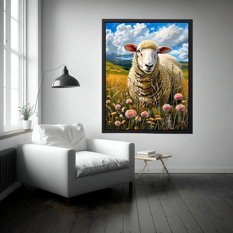 Luxury sheep wall art featuring fluffy white sheep standing in a colorful wildflower meadow under soft blue skies in farmhouse painting style