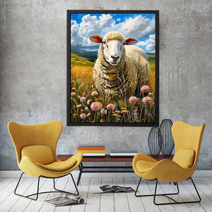 Luxury sheep wall art featuring fluffy white sheep standing in a colorful wildflower meadow under soft blue skies in farmhouse painting style