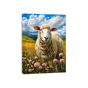 Luxury sheep wall art featuring fluffy white sheep standing in a colorful wildflower meadow under soft blue skies in farmhouse painting style