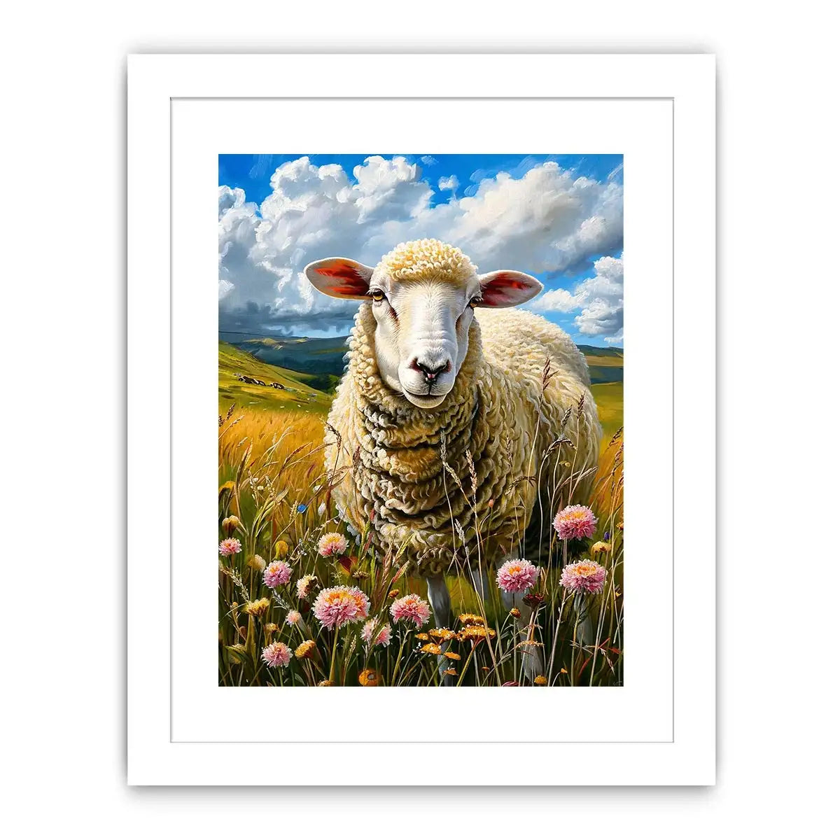 Luxury sheep wall art featuring fluffy white sheep standing in a colorful wildflower meadow under soft blue skies in farmhouse painting style