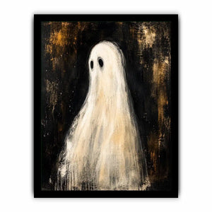 Minimal ghost wall art featuring a haunting white phantom figure on dark textured background in modern gothic painting style