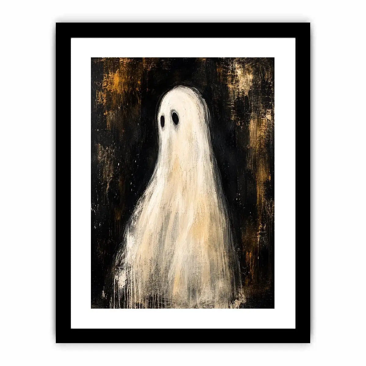 Minimal ghost wall art featuring a haunting white phantom figure on dark textured background in modern gothic painting style