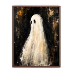Minimal ghost wall art featuring a haunting white phantom figure on dark textured background in modern gothic painting style