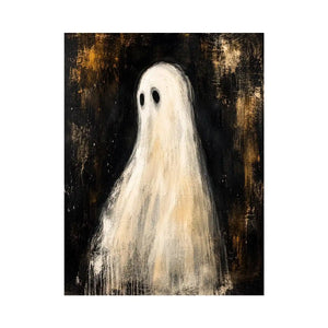 Minimal ghost wall art featuring a haunting white phantom figure on dark textured background in modern gothic painting style