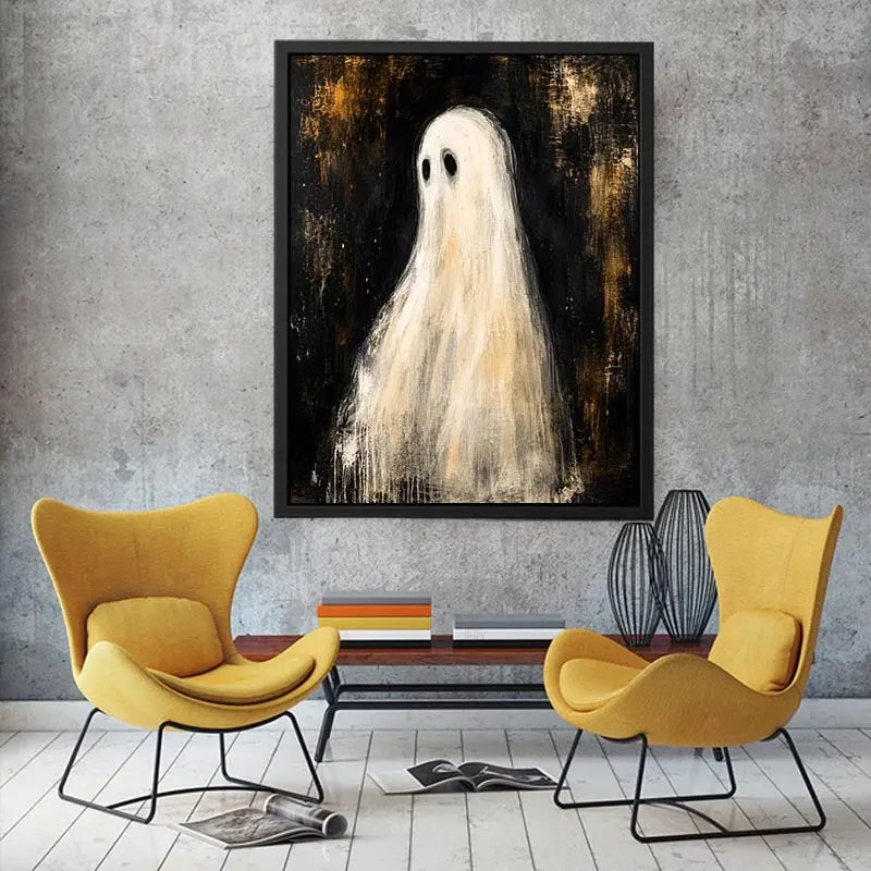 Minimal ghost wall art featuring a haunting white phantom figure on dark textured background in modern gothic painting style