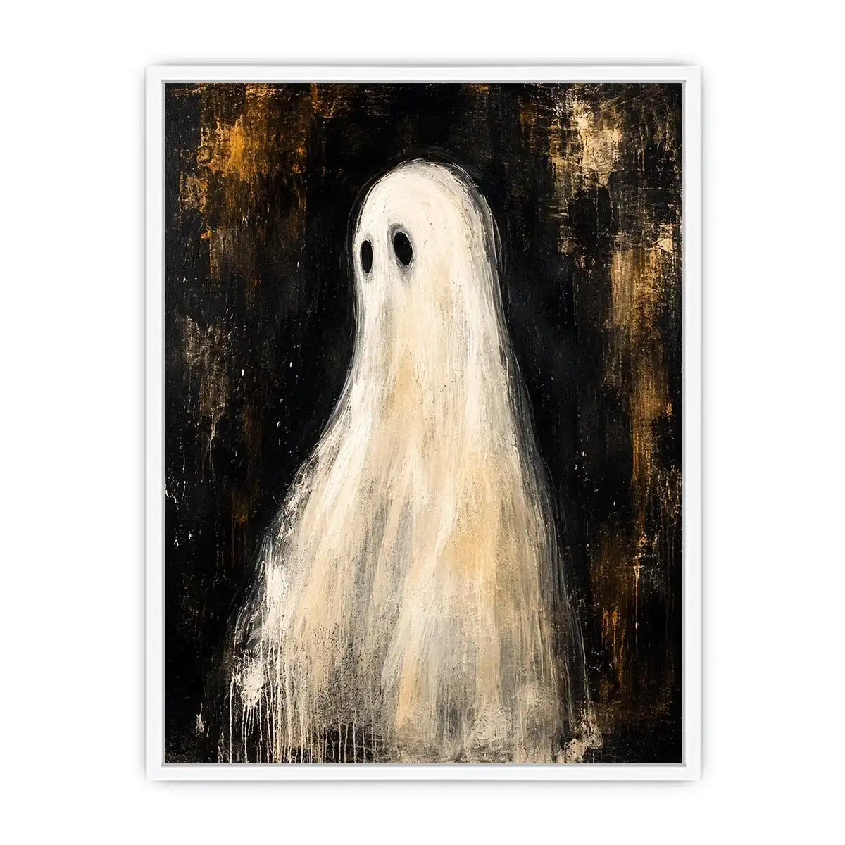 Minimal ghost wall art featuring a haunting white phantom figure on dark textured background in modern gothic painting style
