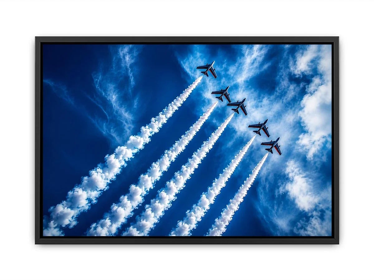 Modern aviation wall art featuring jet planes flying in formation with dramatic smoke trails across deep blue sky in dynamic photography style