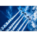 Modern aviation wall art featuring jet planes flying in formation with dramatic smoke trails across deep blue sky in dynamic photography style
