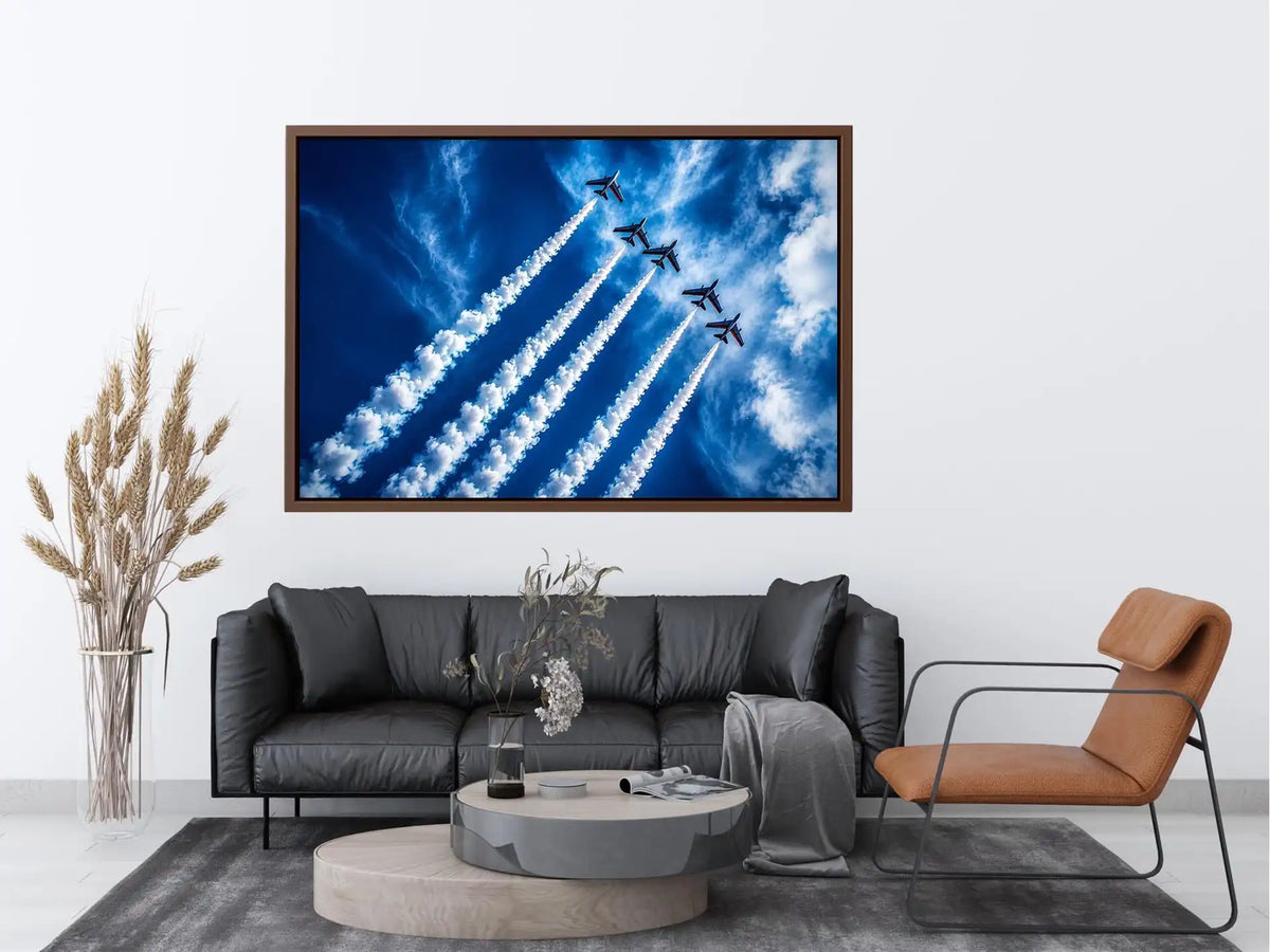Modern aviation wall art featuring jet planes flying in formation with dramatic smoke trails across deep blue sky in dynamic photography style
