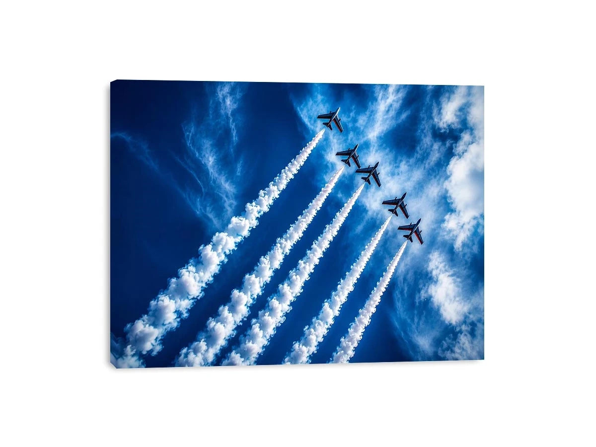 Modern aviation wall art featuring jet planes flying in formation with dramatic smoke trails across deep blue sky in dynamic photography style