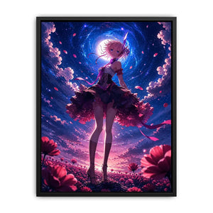 Anime fantasy girl standing in a glowing floral field under a celestial sky