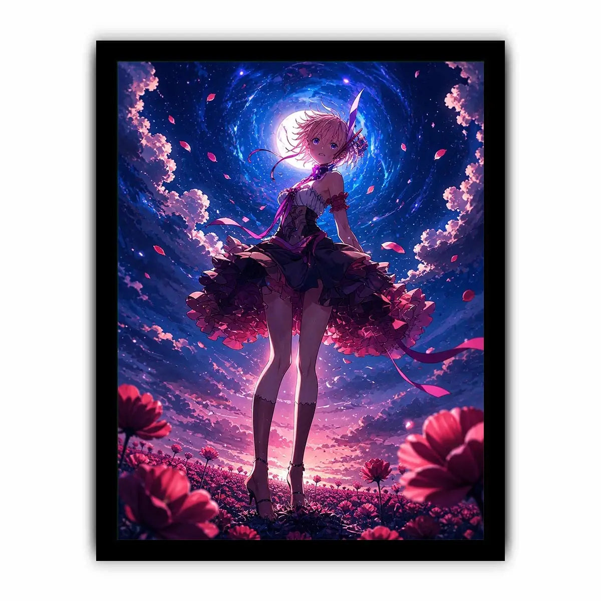 Anime fantasy girl standing in a glowing floral field under a celestial sky