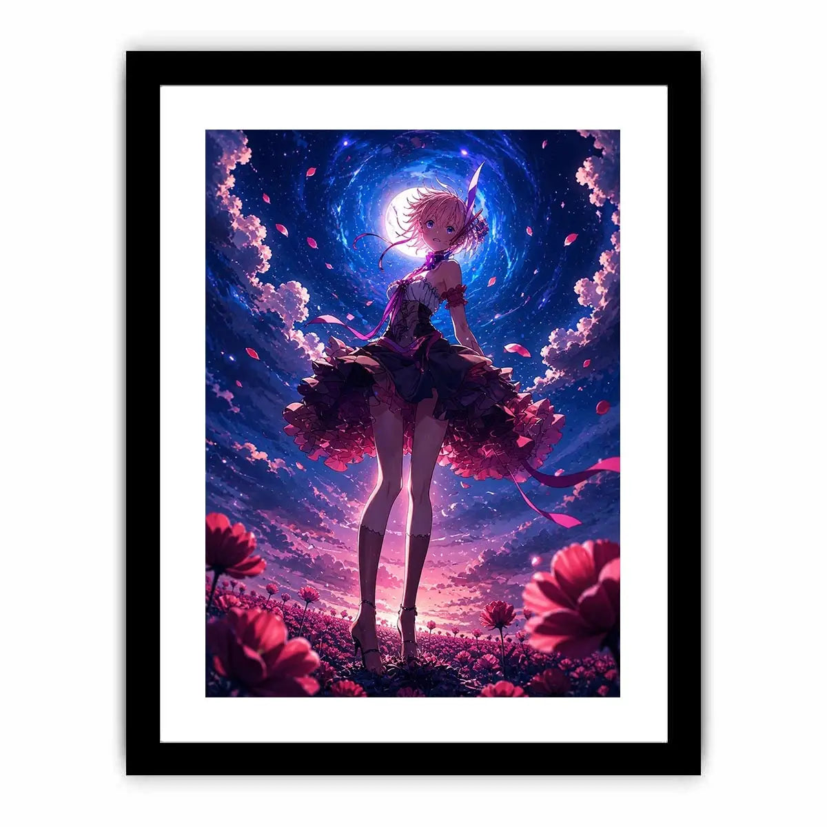 Anime fantasy girl standing in a glowing floral field under a celestial sky