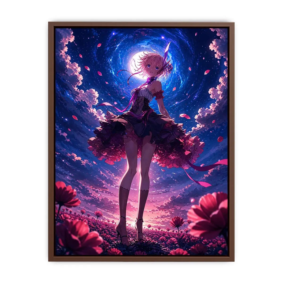 Anime fantasy girl standing in a glowing floral field under a celestial sky