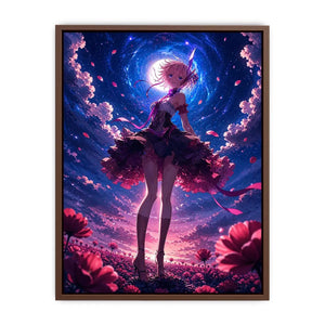 Anime fantasy girl standing in a glowing floral field under a celestial sky
