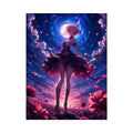 Anime fantasy girl standing in a glowing floral field under a celestial sky