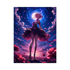 Anime fantasy girl standing in a glowing floral field under a celestial sky