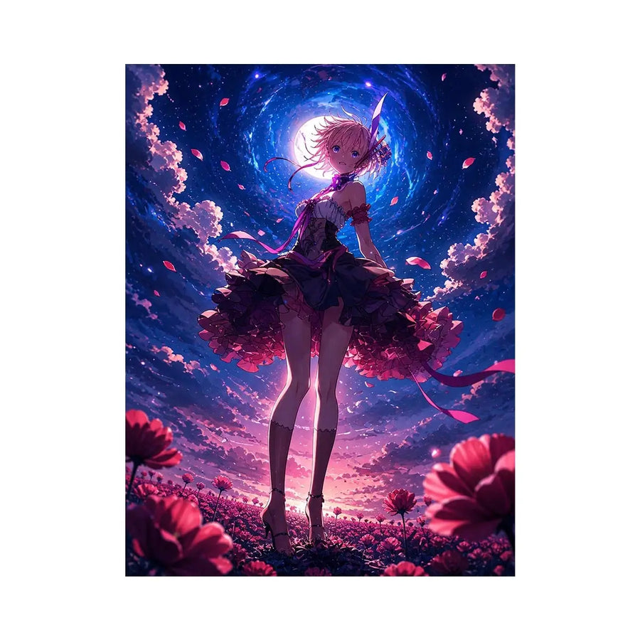 Anime fantasy girl standing in a glowing floral field under a celestial sky
