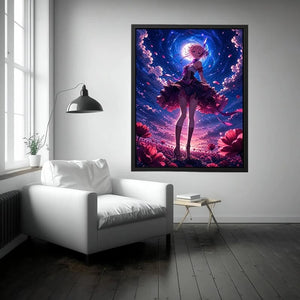 Anime fantasy girl standing in a glowing floral field under a celestial sky