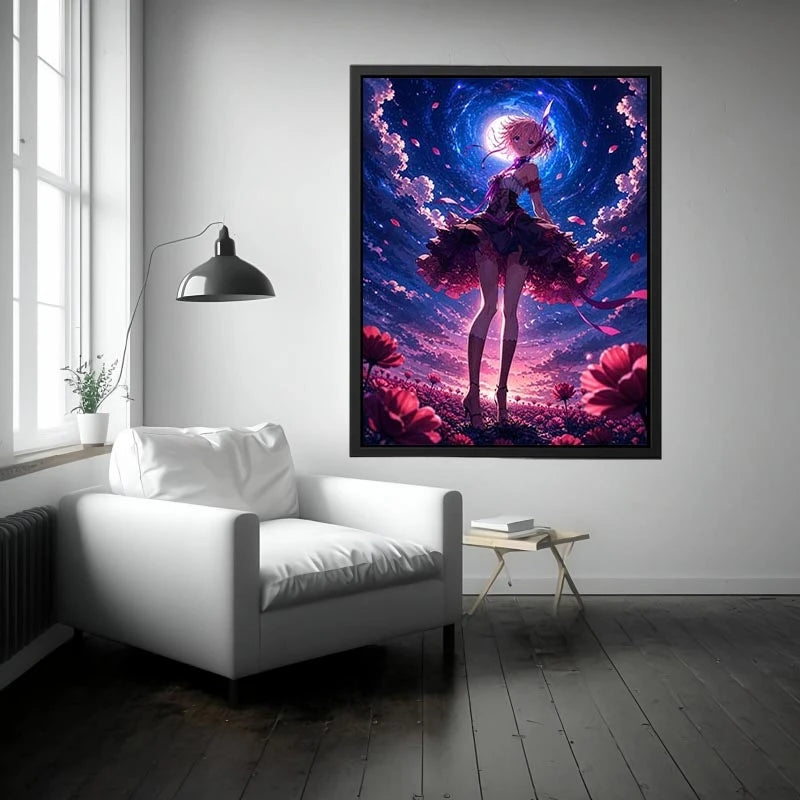 Anime fantasy girl standing in a glowing floral field under a celestial sky