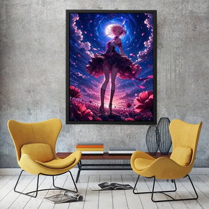 Anime fantasy girl standing in a glowing floral field under a celestial sky