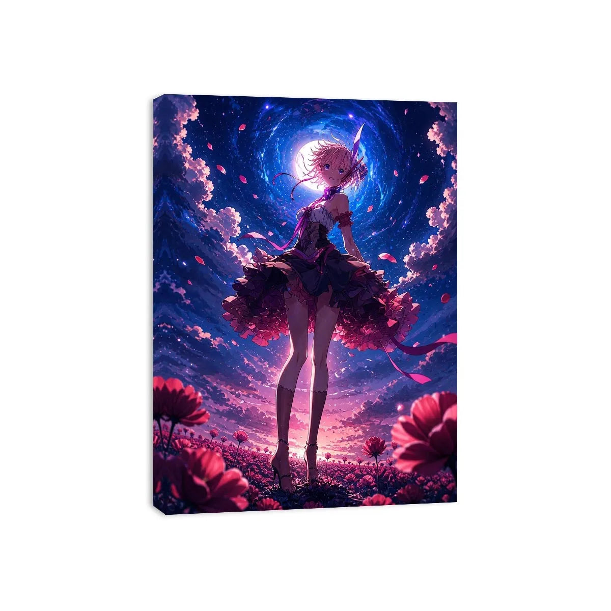 Anime fantasy girl standing in a glowing floral field under a celestial sky