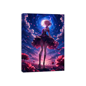 Anime fantasy girl standing in a glowing floral field under a celestial sky